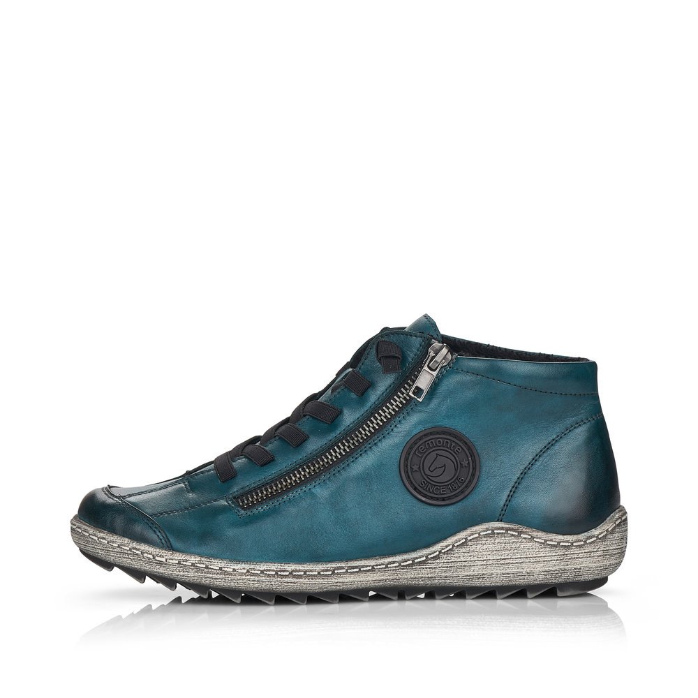 Blue remonte women´s lace-up shoes R1498-12 with a black logo as well as a zipper. Outside of the shoe.