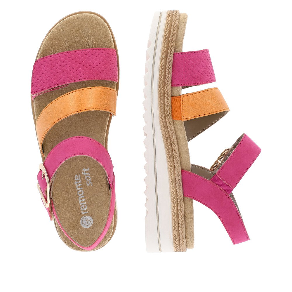 Pink vegan remonte women´s strap sandals D0Q55-31 with a hook and loop fastener. Shoe from the top, lying.