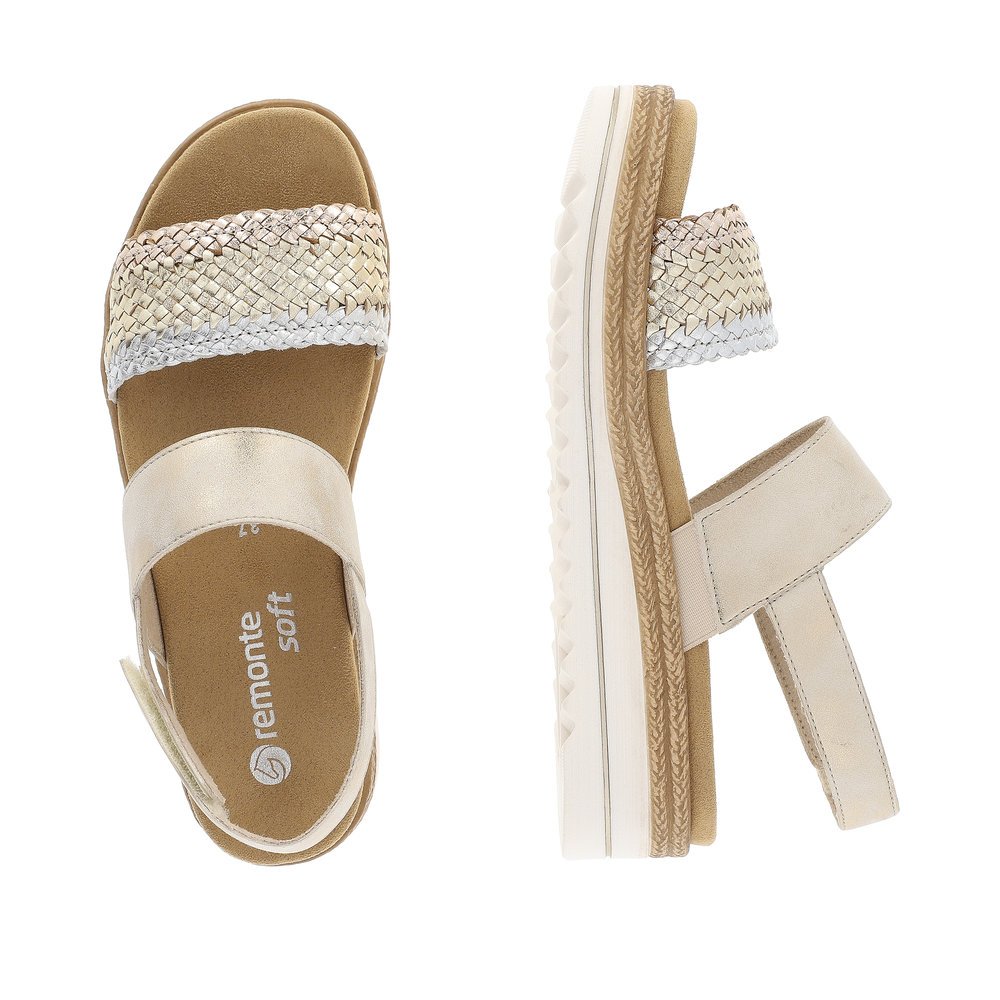 Beige remonte women´s strap sandals D0Q56-91 with hook and loop fastener. Shoe from the top, lying.