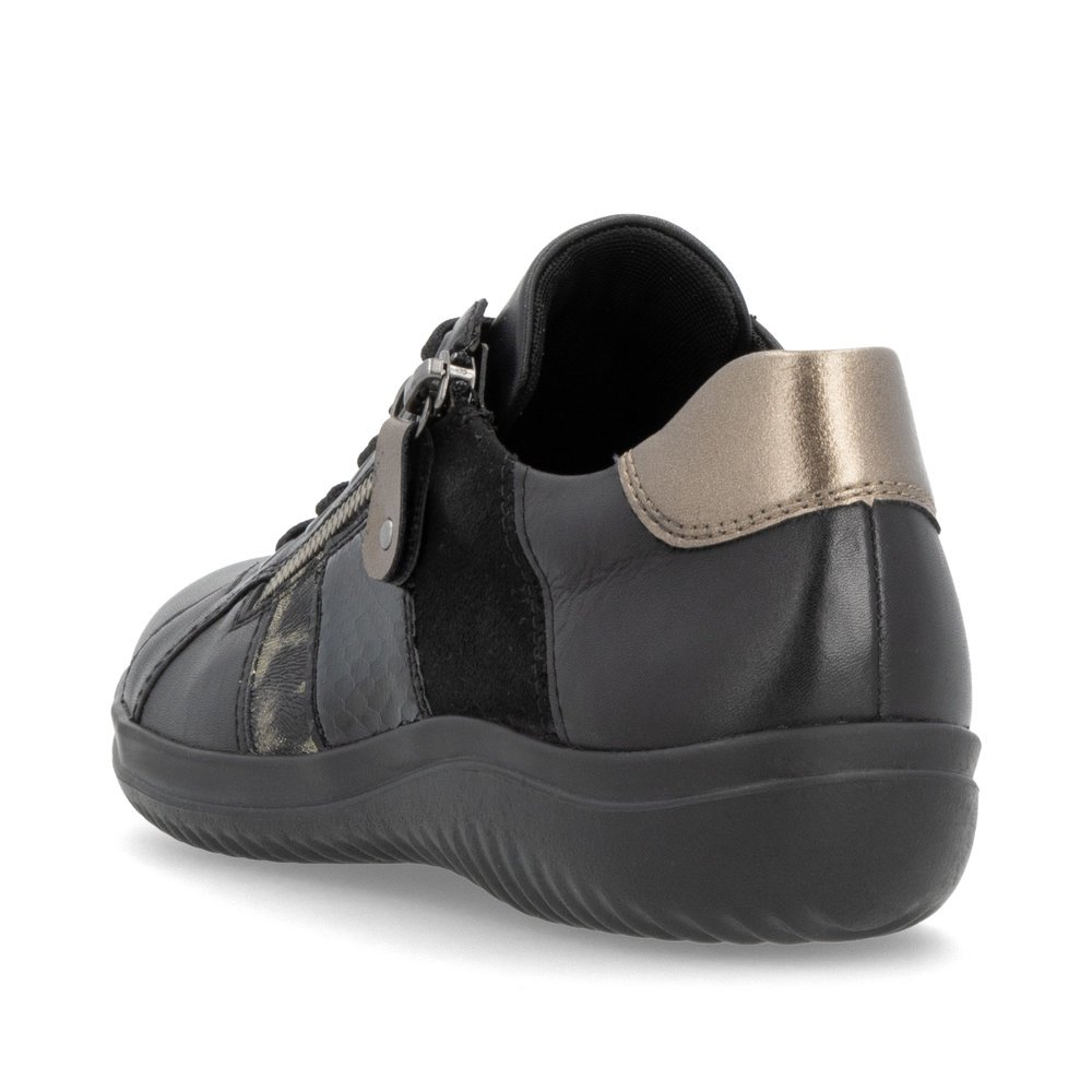 Black remonte women´s lace-up shoes D1E00-03 with zipper as well as comfort width G. Shoe from the back.