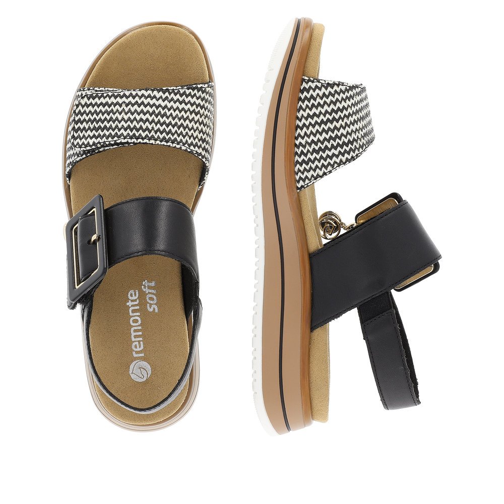 Black remonte women´s strap sandals D1J53-02 with a hook and loop fastener. Shoe from the top, lying.