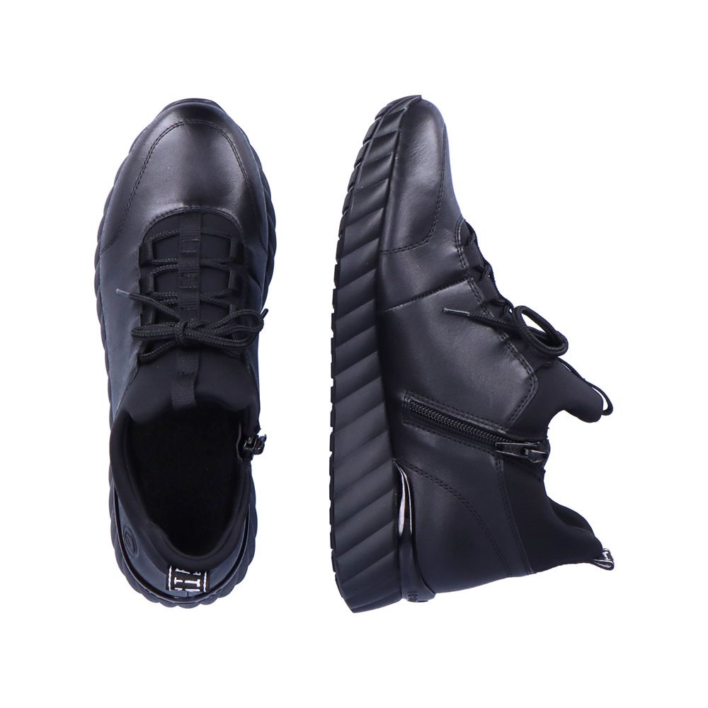 Carbon black remonte women´s slippers D5977-01 with zipper as well as padded insole. Shoe from the top, lying.