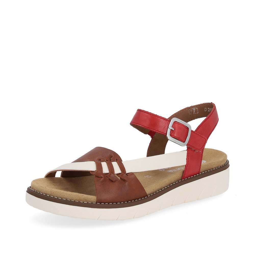 remonte sandales à lanières rouges femmes D2071-24 avec fermeture velcro. Chaussure inclinée sur le côté.