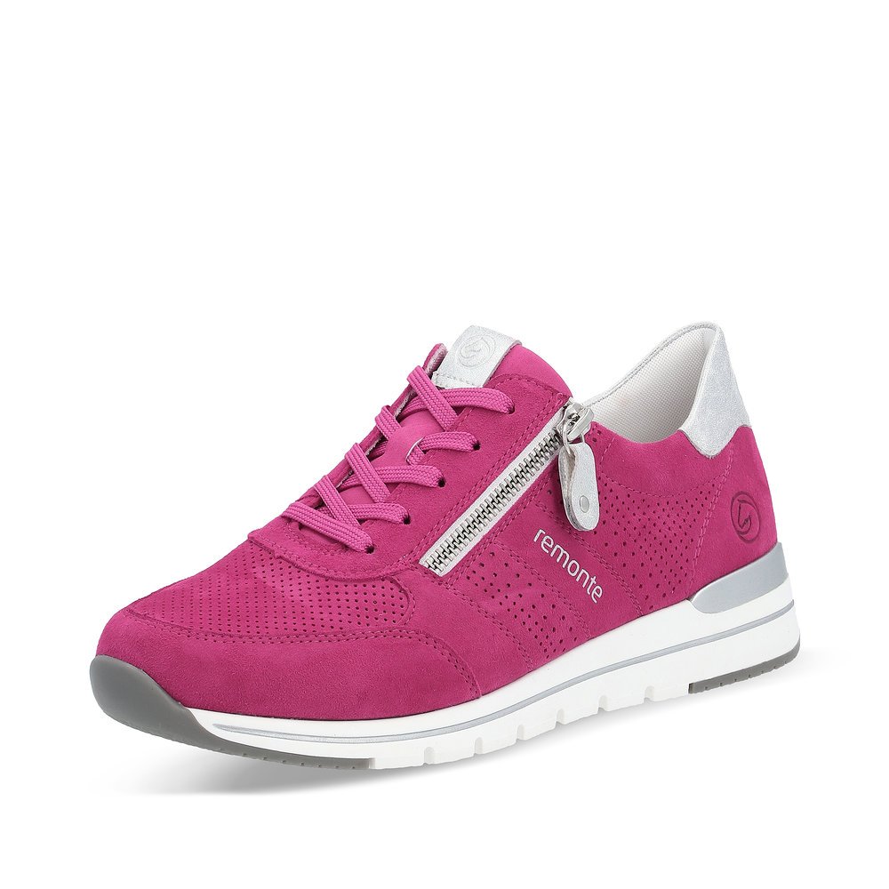 Magenta remonte women´s sneakers R6705-31 with zipper and comfort width G. Shoe laterally.
