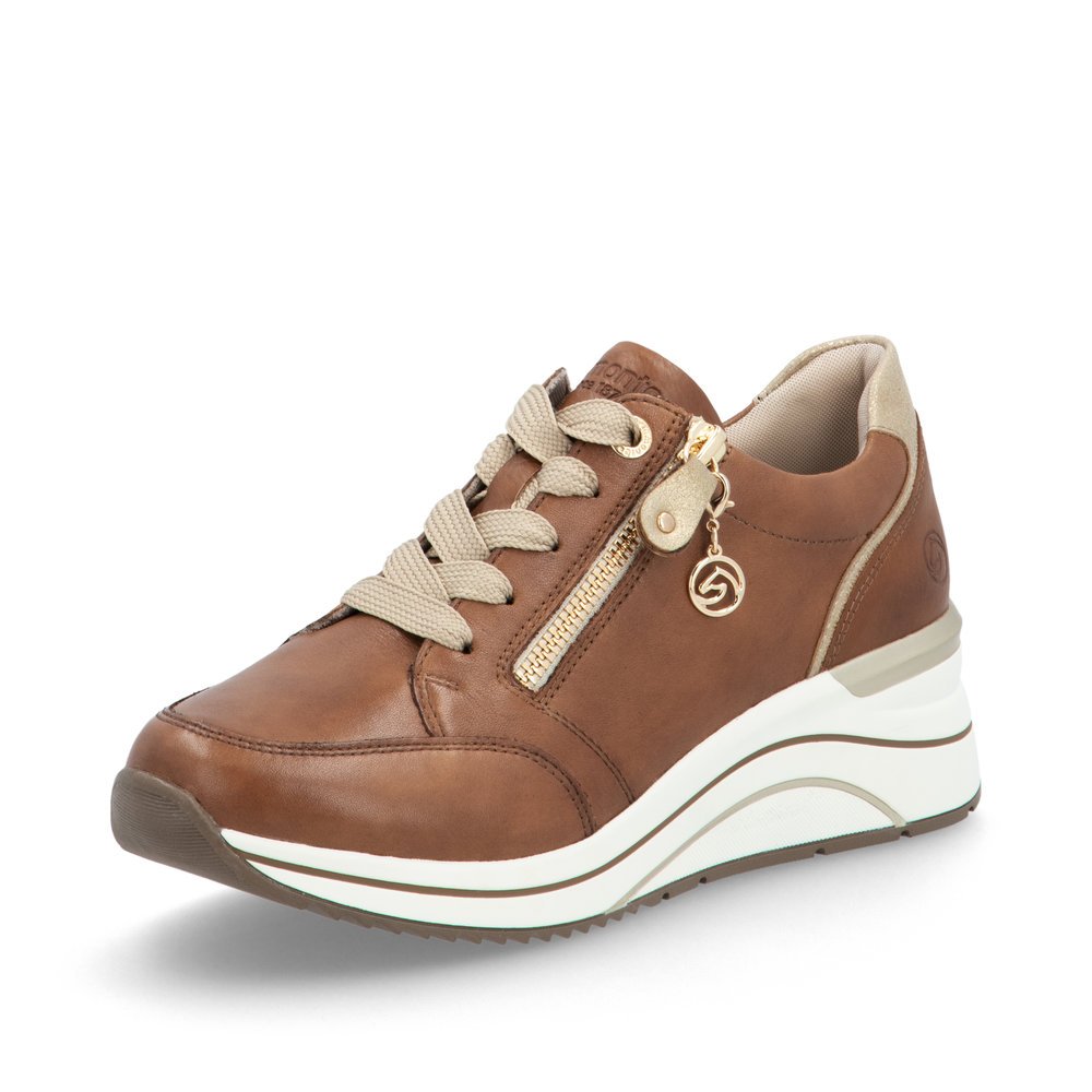 Brown remonte women´s sneakers D0T03-24 with a remonte pendant as well as a zipper. Shoe laterally.