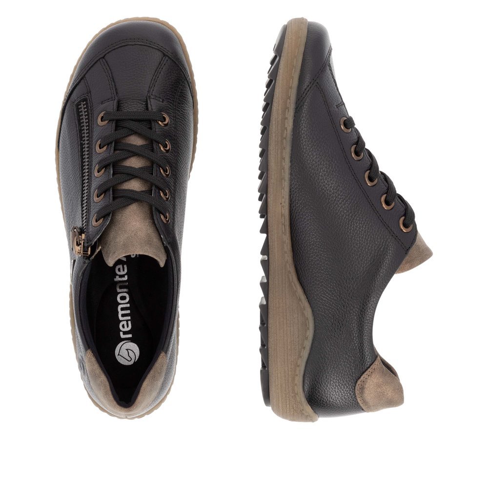 Urban black remonte women´s lace-up shoes R1402-08 with remonteTEX technology. Shoe from the top, lying.