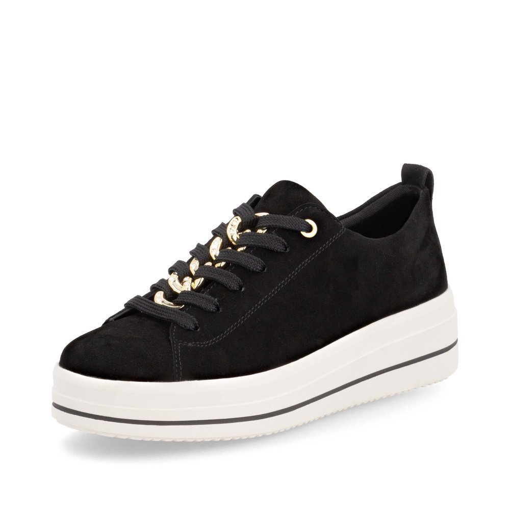 Jet black remonte women´s sneakers D1C03-02 with chain element as well as a zipper. Shoe laterally.