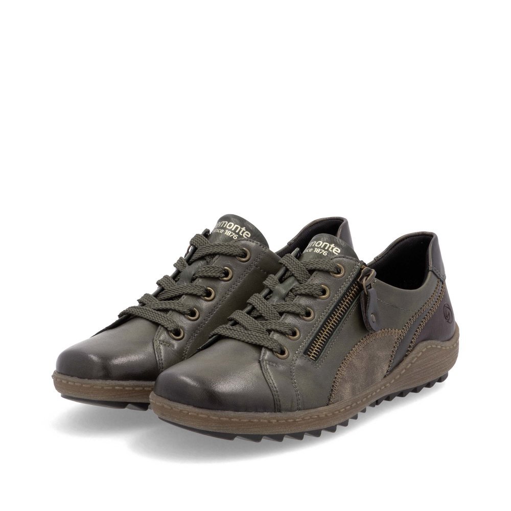 Chaussures à lacets remonte vertes femme R1439-52 avec fermeture éclair. Chaussures inclinées sur le côté.