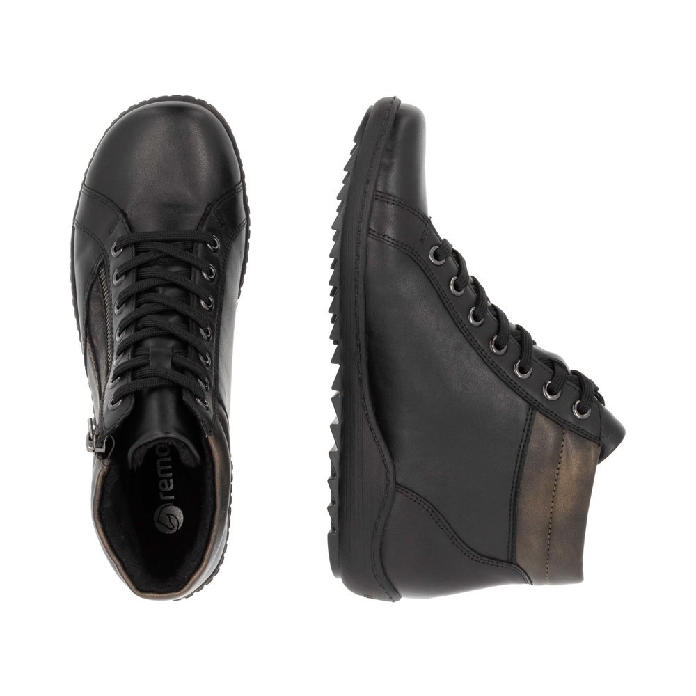 Black remonte women´s lace-up shoes R1458-03 with remonteTEX technology. Shoe from the top, lying.