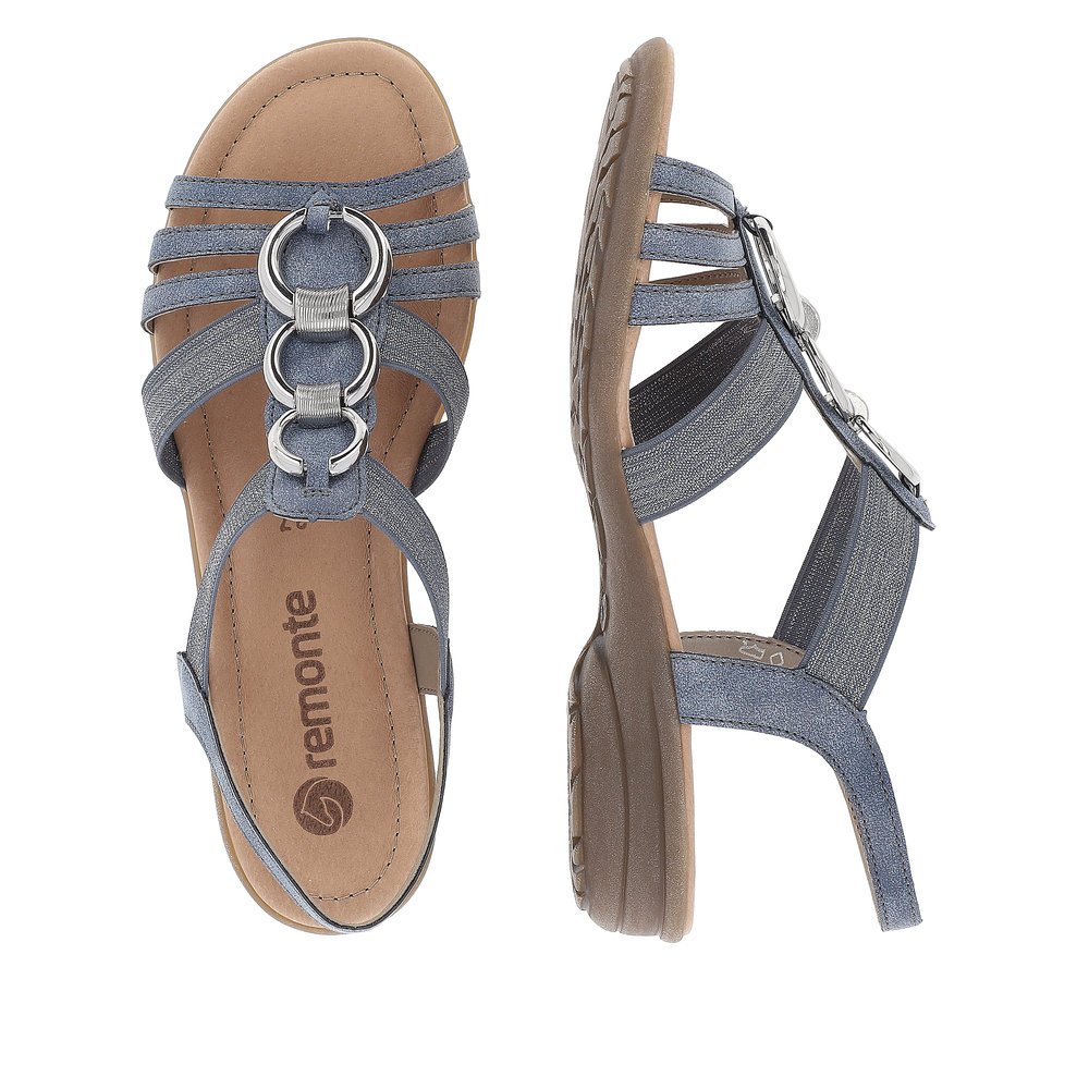 Slate blue remonte women´s strap sandals R3605-12 with an elastic insert. Shoe from the top, lying.