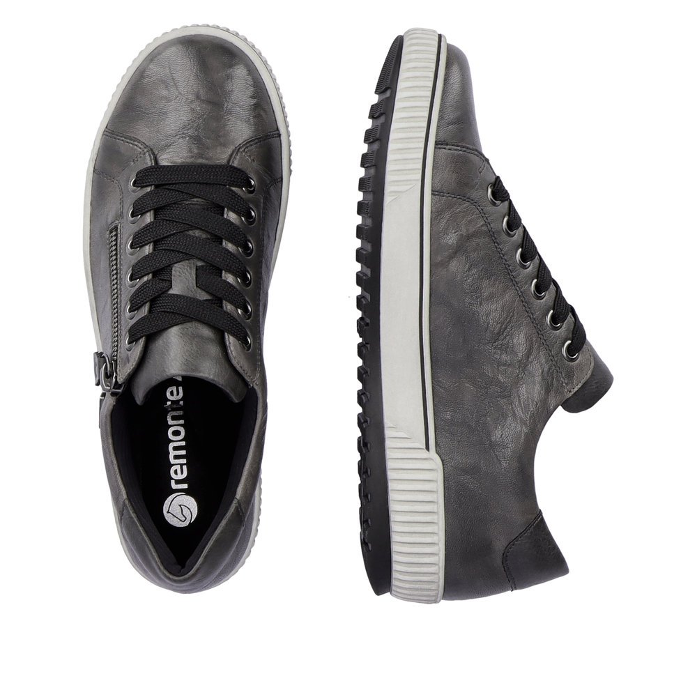 Granite grey remonte women´s lace-up shoes D0700-42 with remonteTEX technology. Shoe from the top, lying.