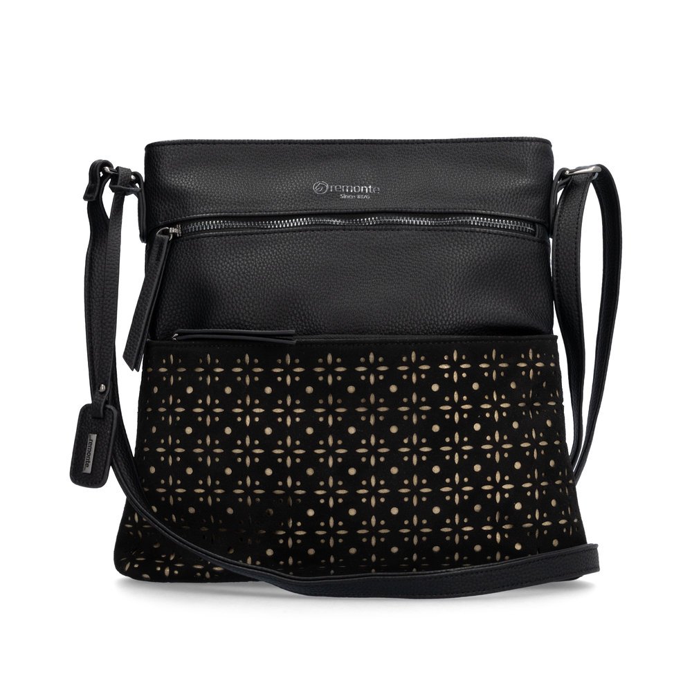 Black remonte shoulder bag Q0715-00 with cut-outs in a floral look, inner pocket, zipper and mobile phone pocket. Front.