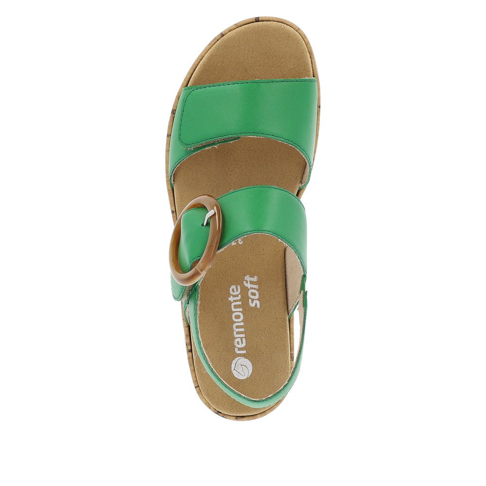 Emerald green remonte women´s strap sandals R6853-53 with a hook and loop fastener. Shoe from the top.