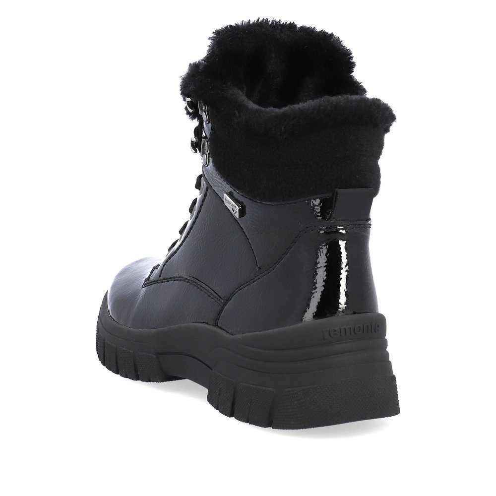 Midnight black remonte women´s lace-up boots D0E71-02 with remonteTEX technology. Shoe from the back.