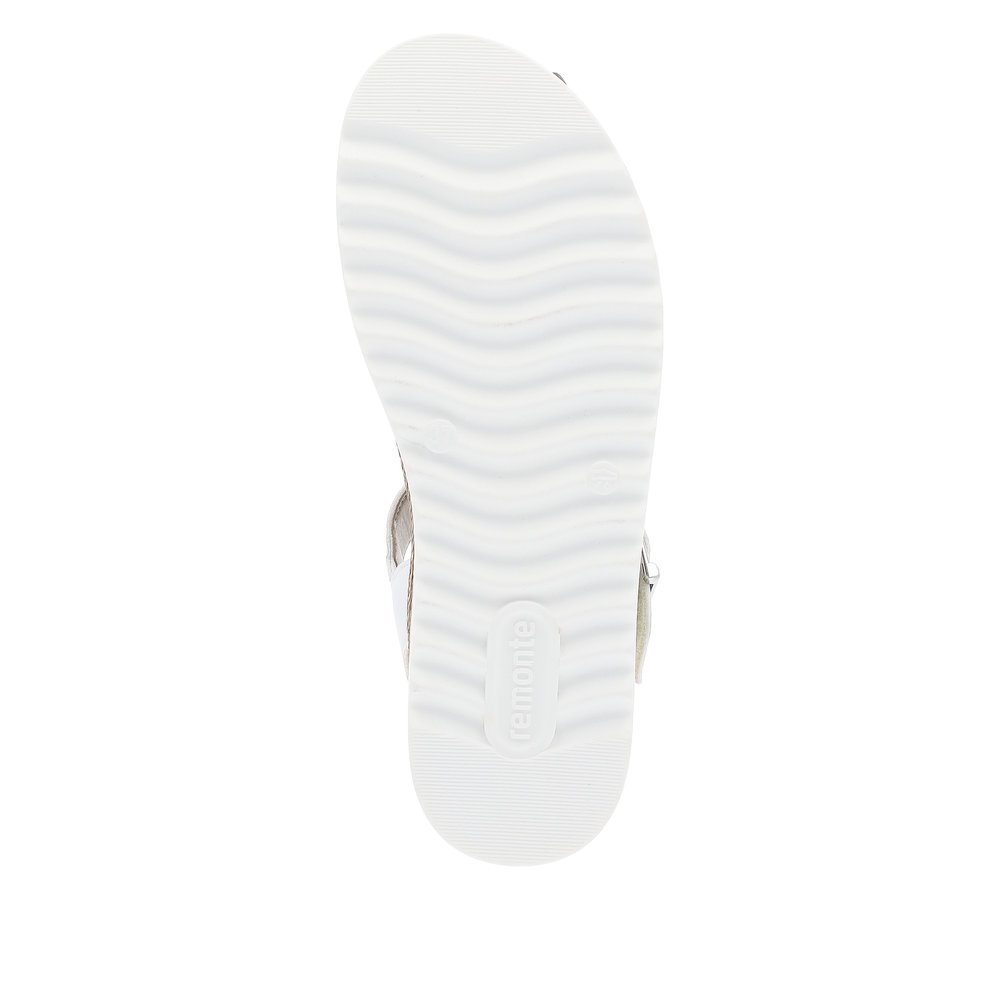 Silver vegan remonte women´s strap sandals D0Q55-90 with a hook and loop fastener. Outsole of the shoe.