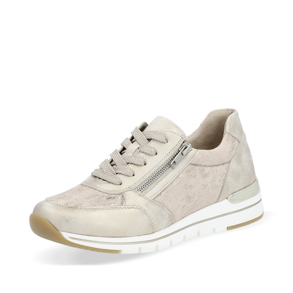 Beige remonte women´s sneakers R6700-61 with zipper and comfort width G. Shoe laterally.