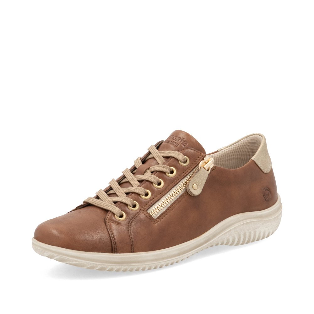 Chaussures à lacets remonte marron femme D1E03-24 avec fermeture éclair. Chaussure inclinée sur le côté.