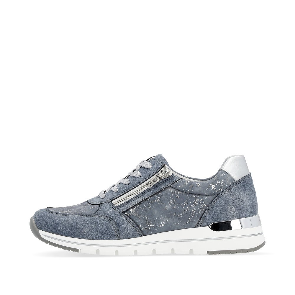Blue remonte women´s sneakers R6700-13 with zipper and washed-out pattern. Outside of the shoe.