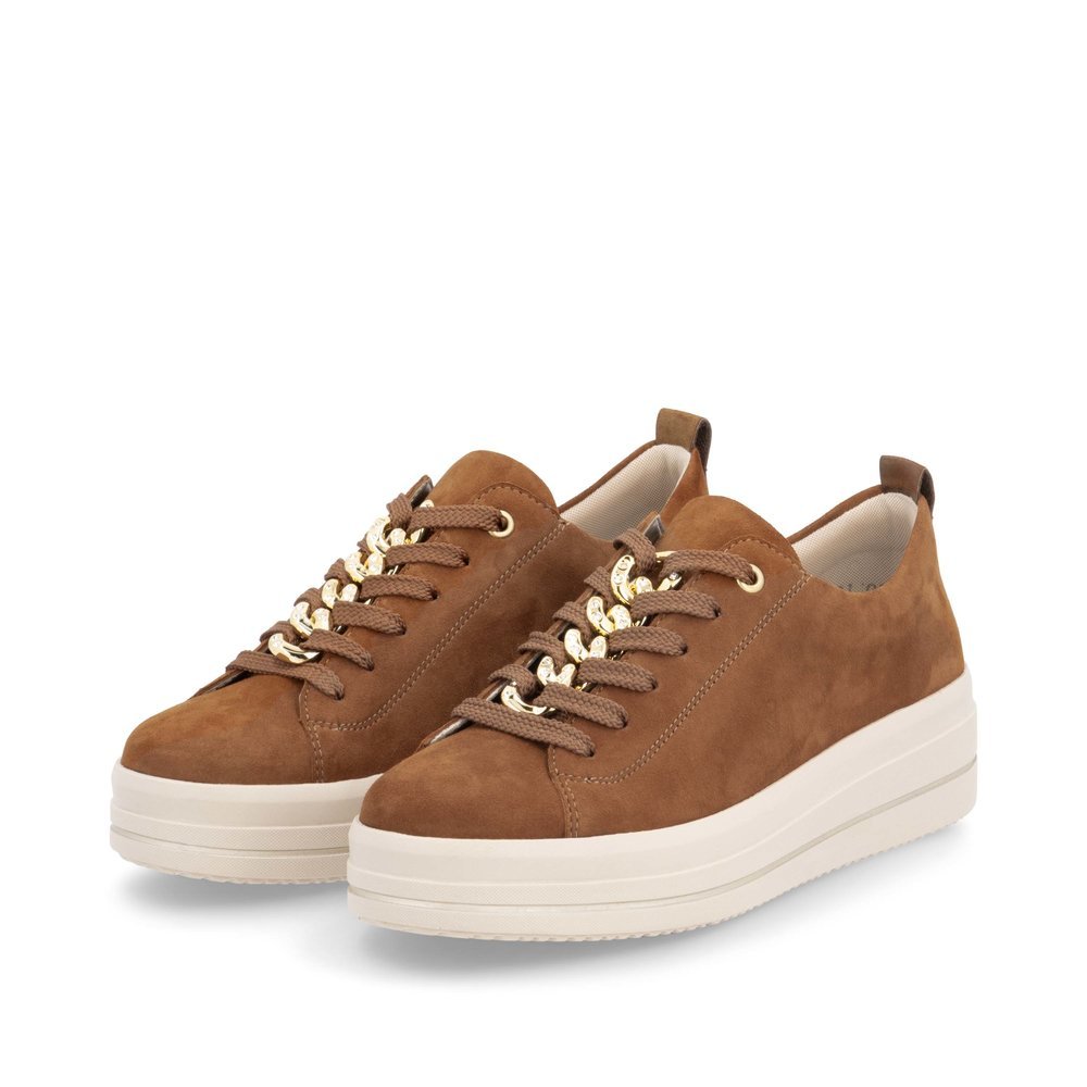 Brown remonte women´s sneakers D1C03-22 with a chain element as well as a zipper. Shoes laterally.