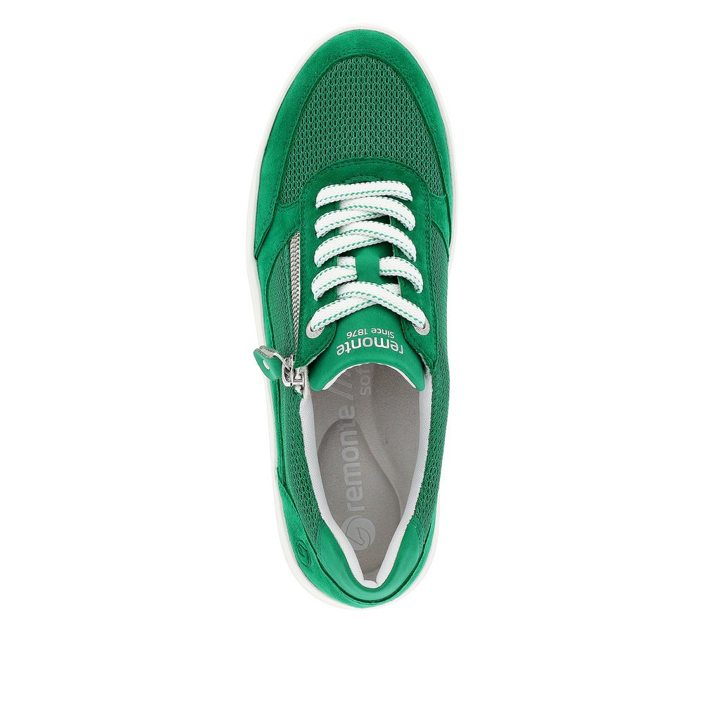 Emerald green remonte women´s sneakers D1C04-52 with a zipper and comfort width G. Shoe from the top.