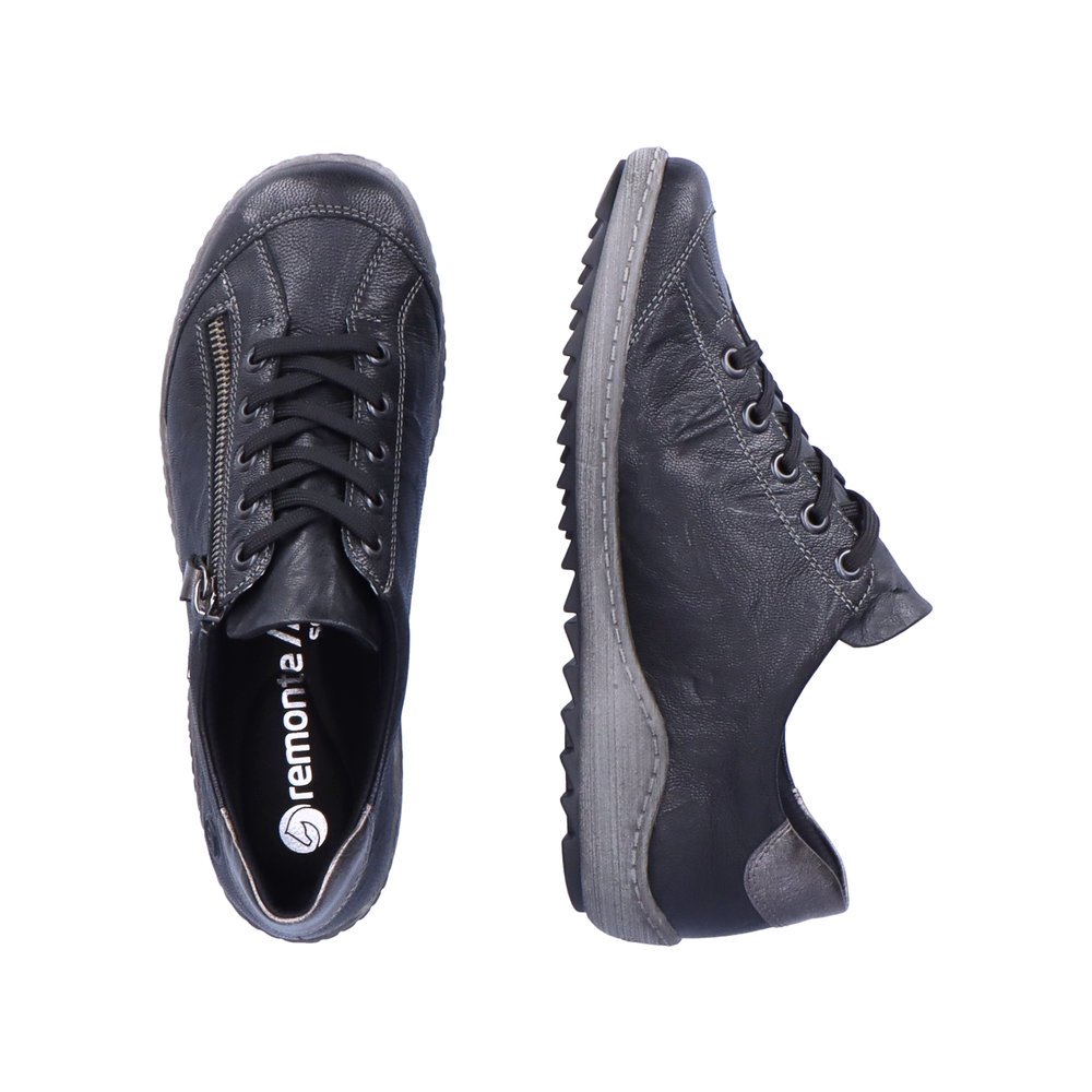 Steel black remonte women´s lace-up shoes R1402-06 with remonteTEX technology. Shoe from the top, lying.