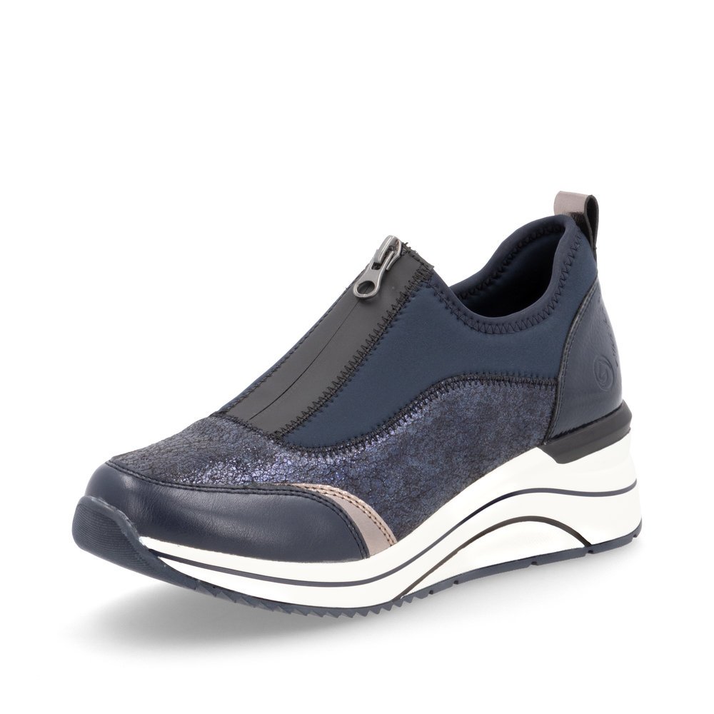 Blue vegan remonte women´s sneakers D0T08-12 with a zipper as well as extra width H. Shoe laterally.