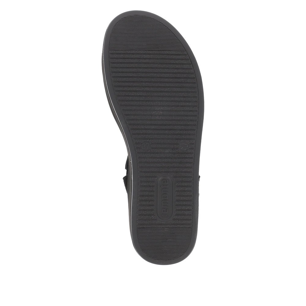 Night black remonte women´s strap sandals D1N50-00 with a hook and loop fastener. Outsole of the shoe.