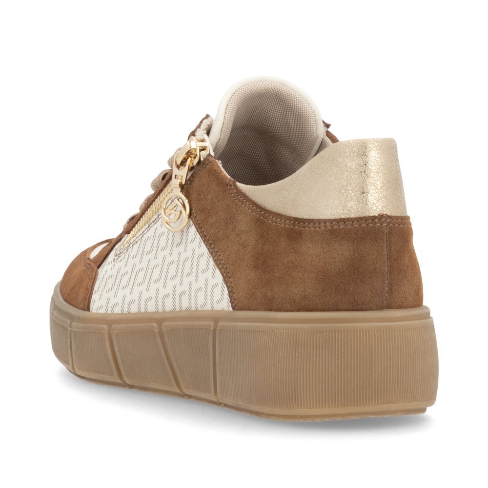 Beige remonte women´s sneakers D1T00-60 with a remonte pendant as well as a zipper. Shoe from the back.