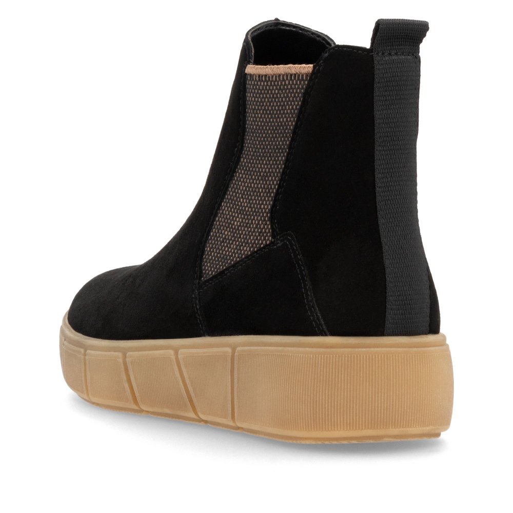 Black remonte women´s Chelsea boots D1T71-00 with zipper as well as comfort width G. Shoe from the back.