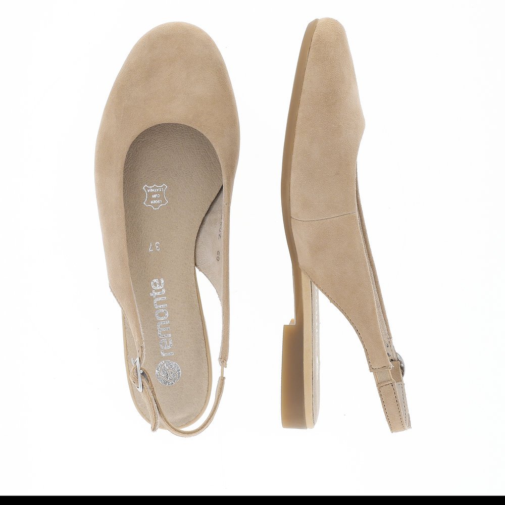 Beige remonte women´s slingback pumps D0K07-60 with buckle and soft cover sole. Shoe from the top, lying.