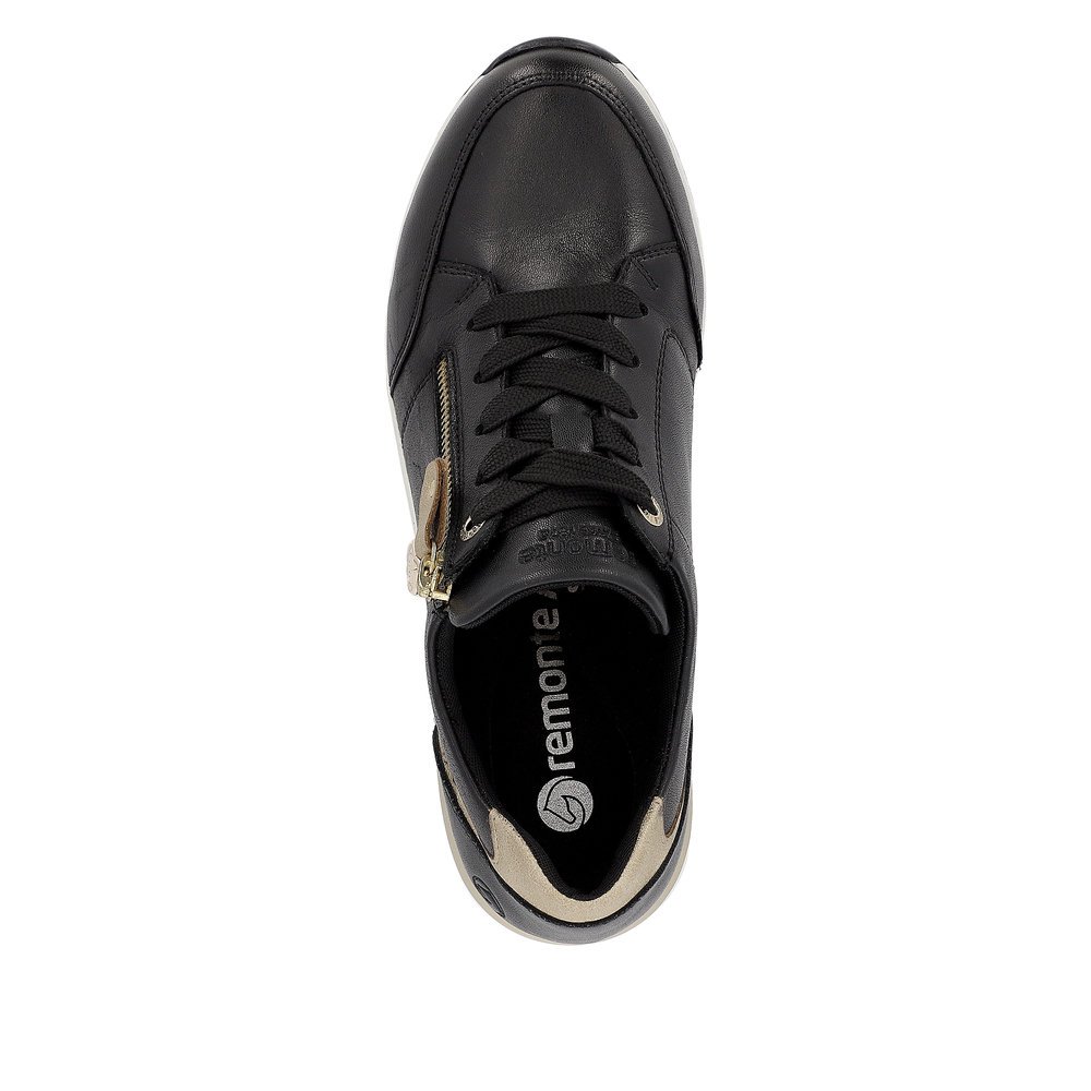 Black remonte women´s sneakers D0T03-01 with a zipper as well as extra width H. Shoe from the top.