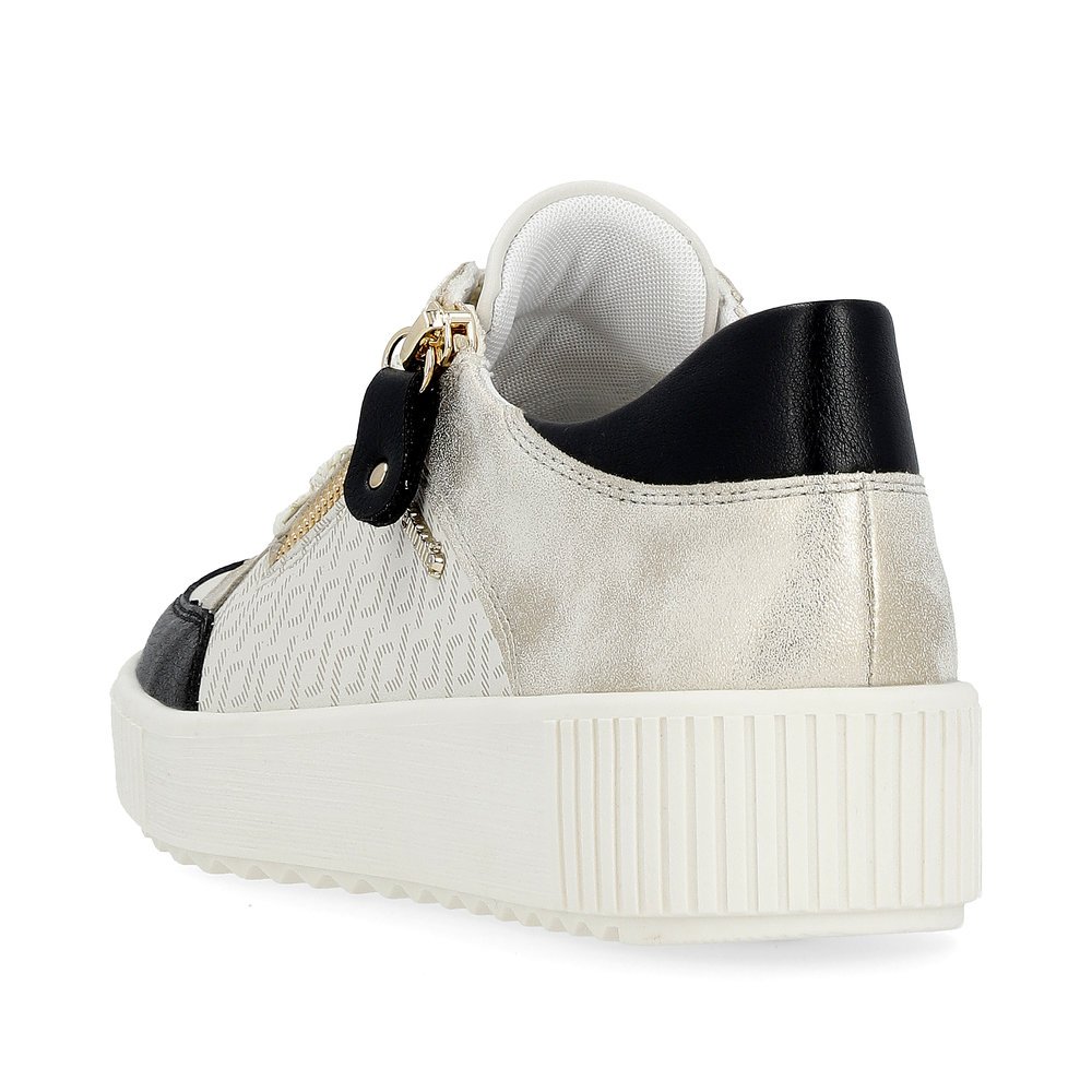 Cream white remonte women´s sneakers R7901-80 with a zipper and graphical pattern. Shoe from the back.