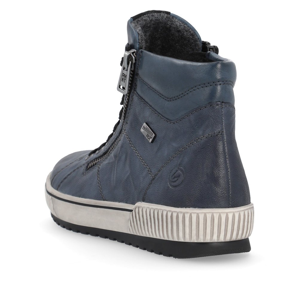 Blaue remonte Damen Schnürstiefel D0772-14 mit wasserabweisender TEX-Membran. Schuh von hinten.