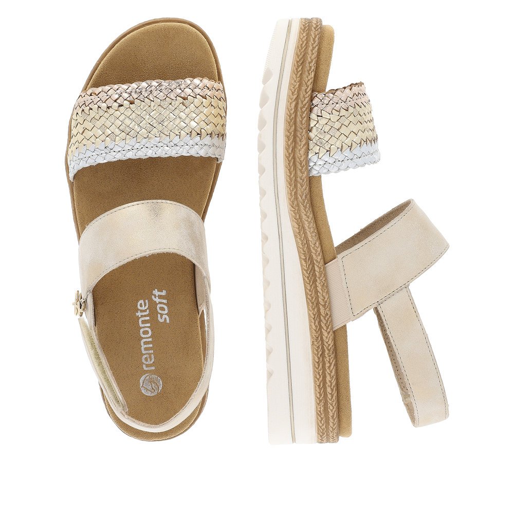 Beige remonte women´s strap sandals D0Q56-90 with a hook and loop fastener. Shoe from the top, lying.