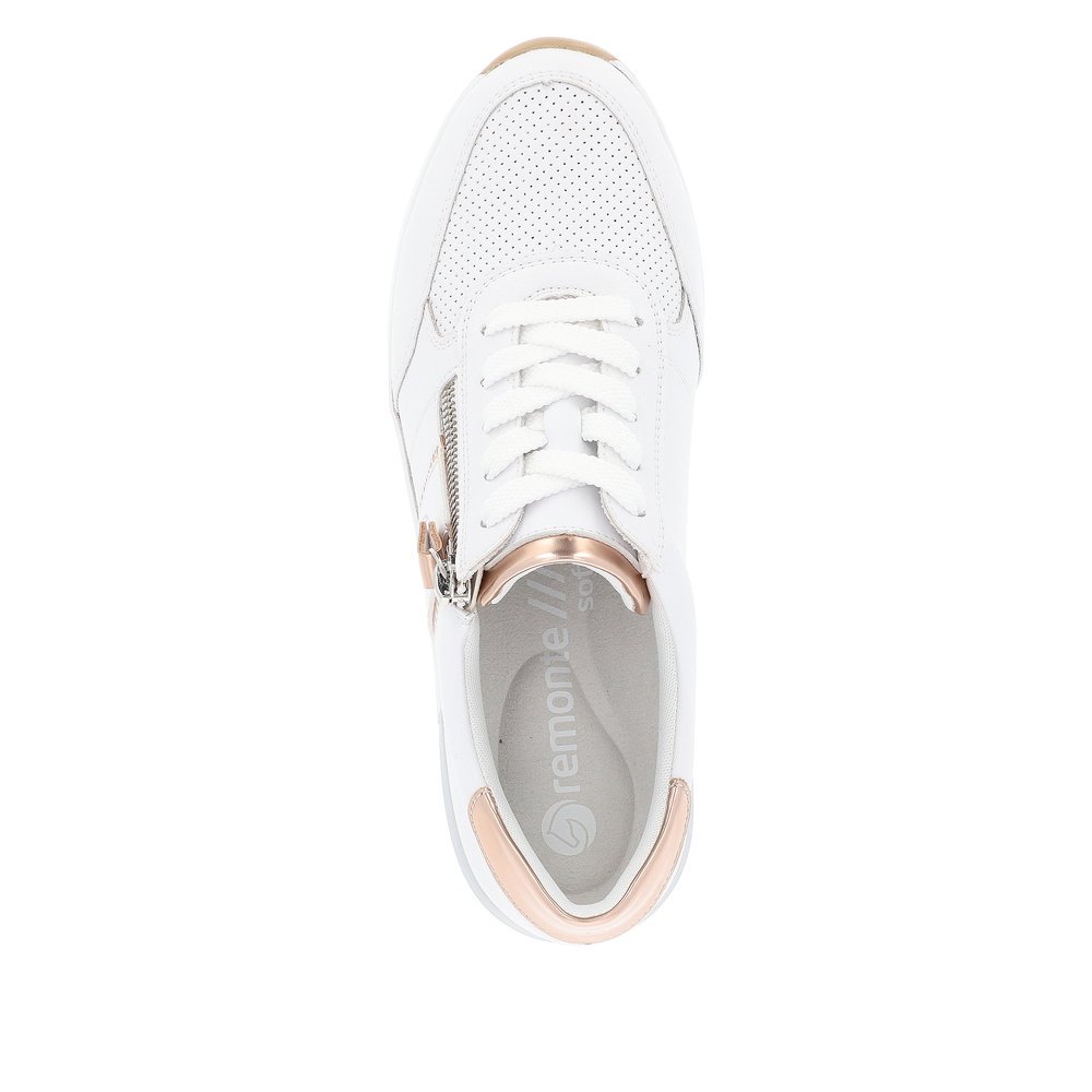 White remonte women´s sneakers D0T04-80 with a zipper and extra width H. Shoe from the top.