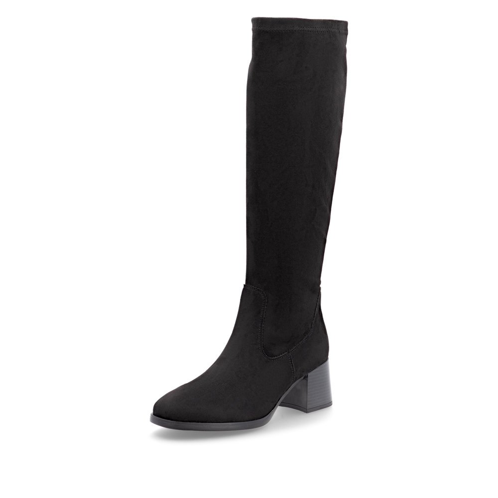 Bottes à tige haute remonte noires femme D0V82-02 avec fermeture éclair. Chaussure inclinée sur le côté.