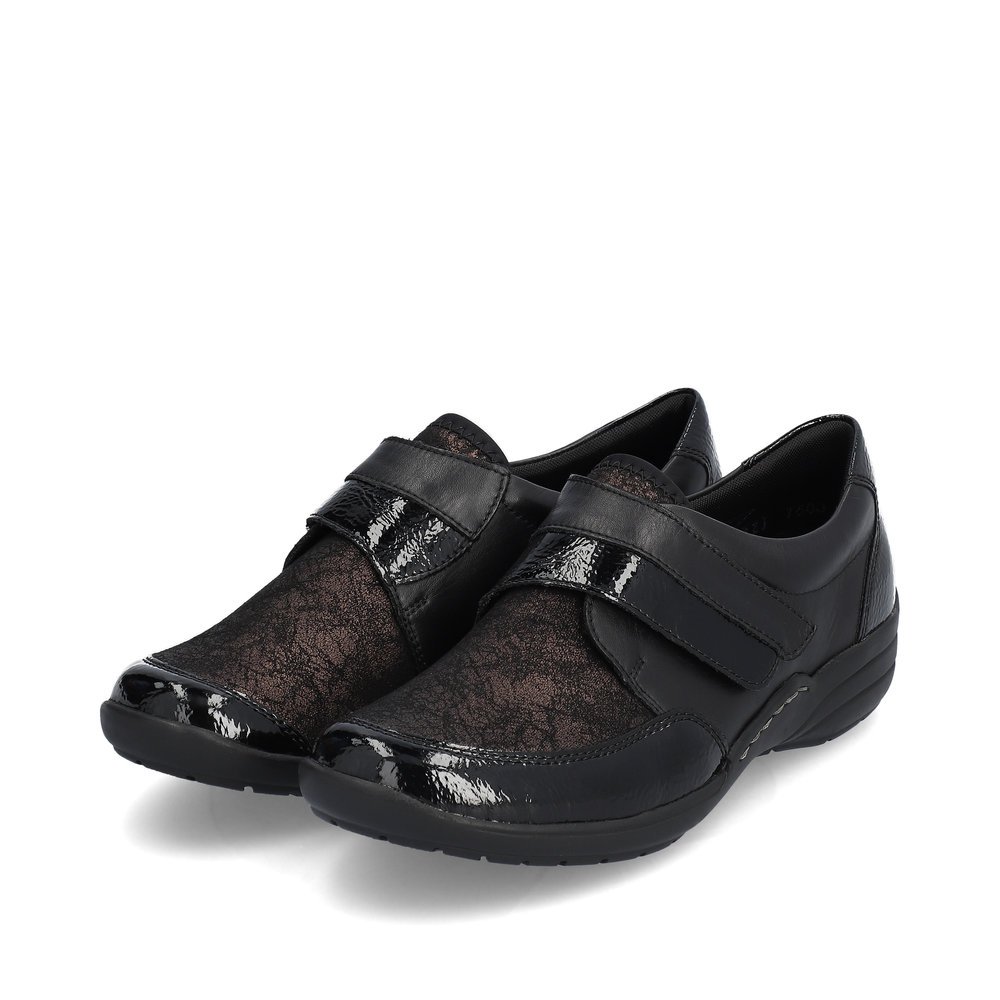 Midnight black remonte women´s slippers R7600-03 with a hook and loop fastener. Shoes laterally.