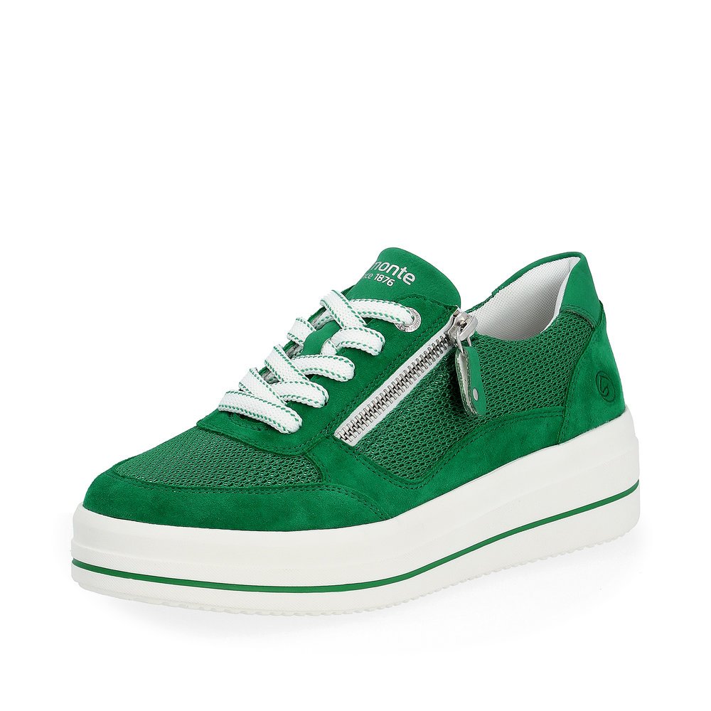 Emerald green remonte women´s sneakers D1C04-52 with a zipper and comfort width G. Shoe laterally.