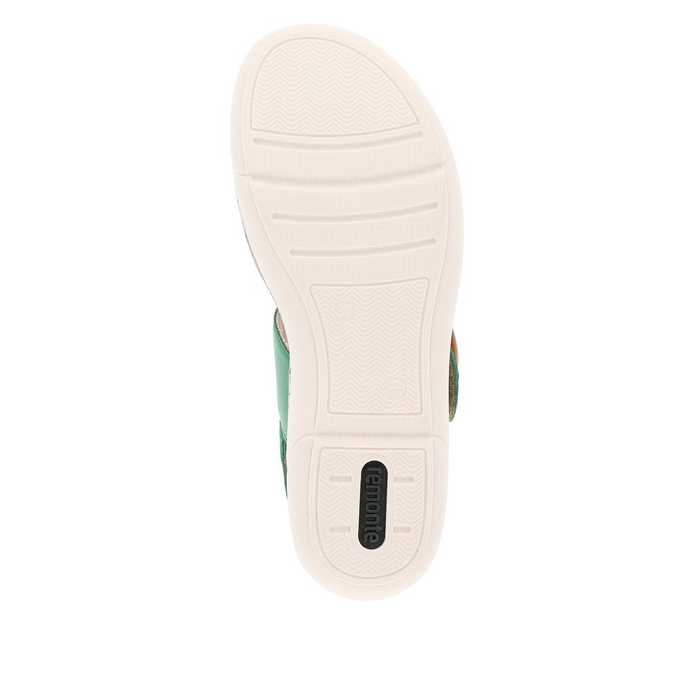 Emerald green remonte women´s strap sandals R6853-53 with a hook and loop fastener. Outsole of the shoe.