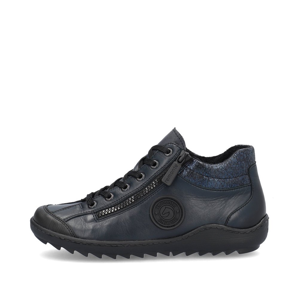 Chaussures à lacets remonte bleues pour femme R1477-15 avec logo noir. Côté extérieur de la chaussure.