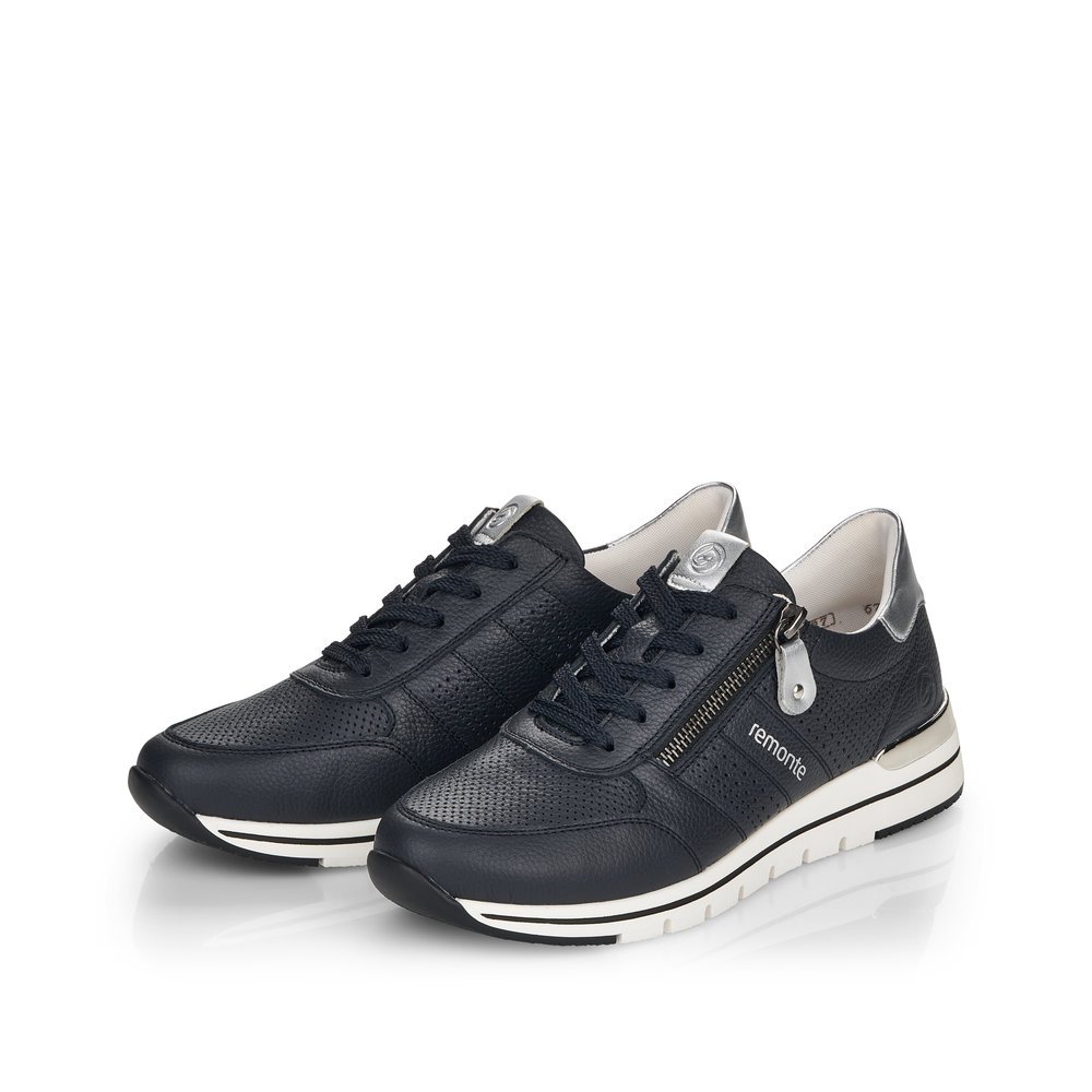 Dark blue remonte women´s sneakers R6705-14 with zipper and comfort width G. Shoes laterally.
