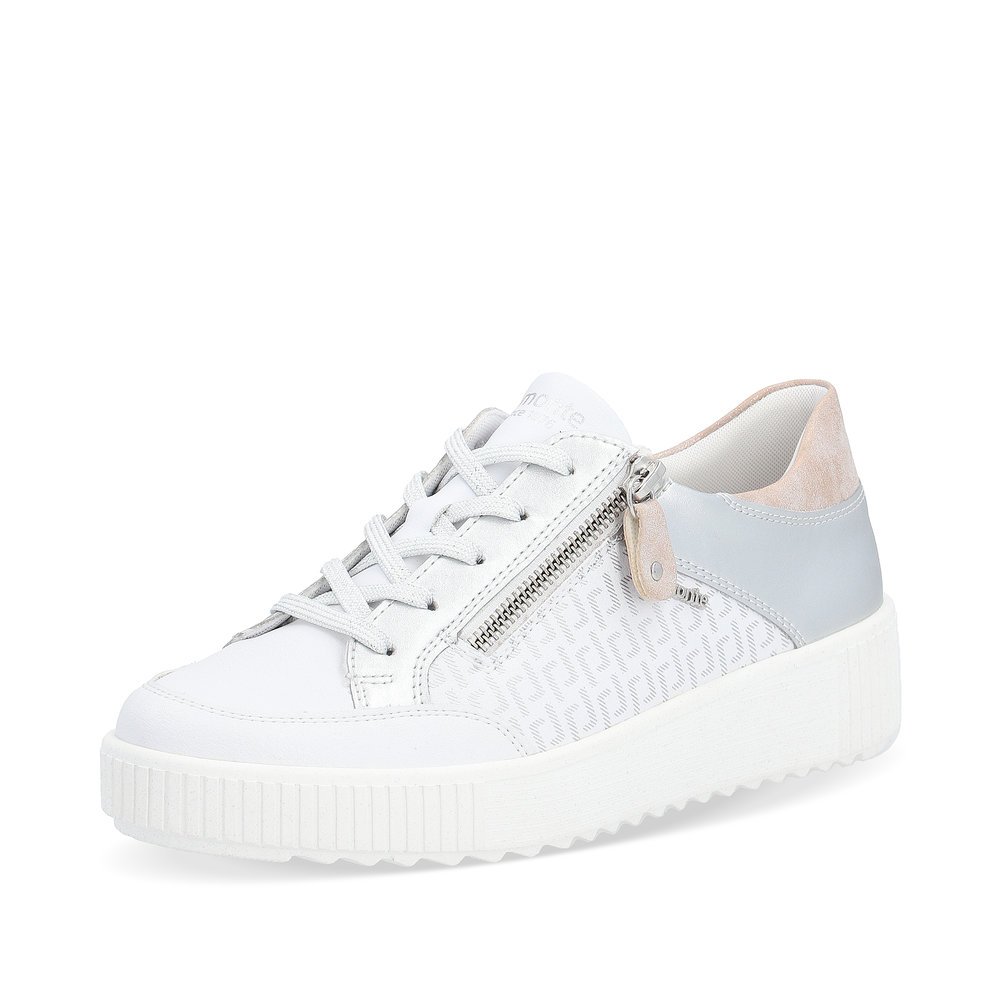 Frost white remonte women´s sneakers R7901-81 with zipper and graphical pattern. Shoe laterally.