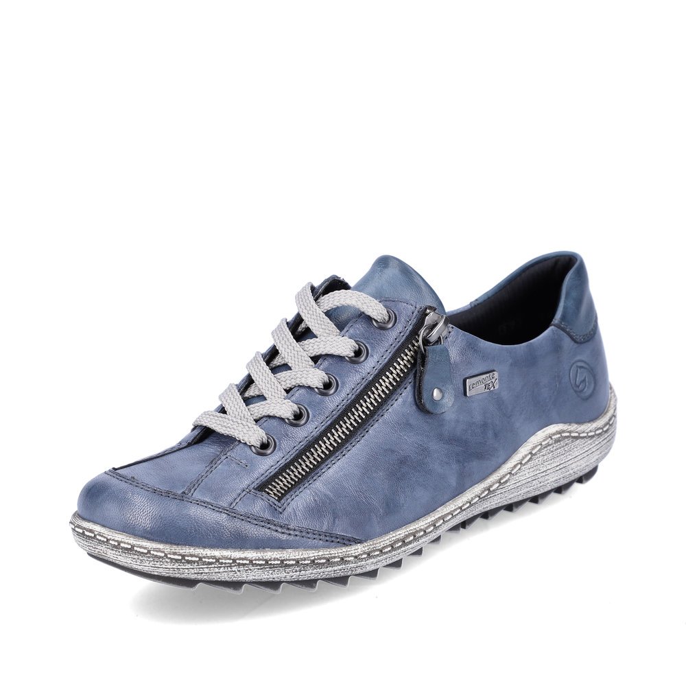 Blaue remonte Damen Schnürschuhe R1402-15 mit wasserabweisender TEX-Membran. Schuh seitlich schräg.