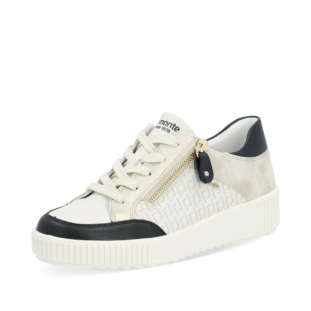 Cream white remonte women´s sneakers R7901-80 with a zipper and graphical pattern. Shoe laterally.