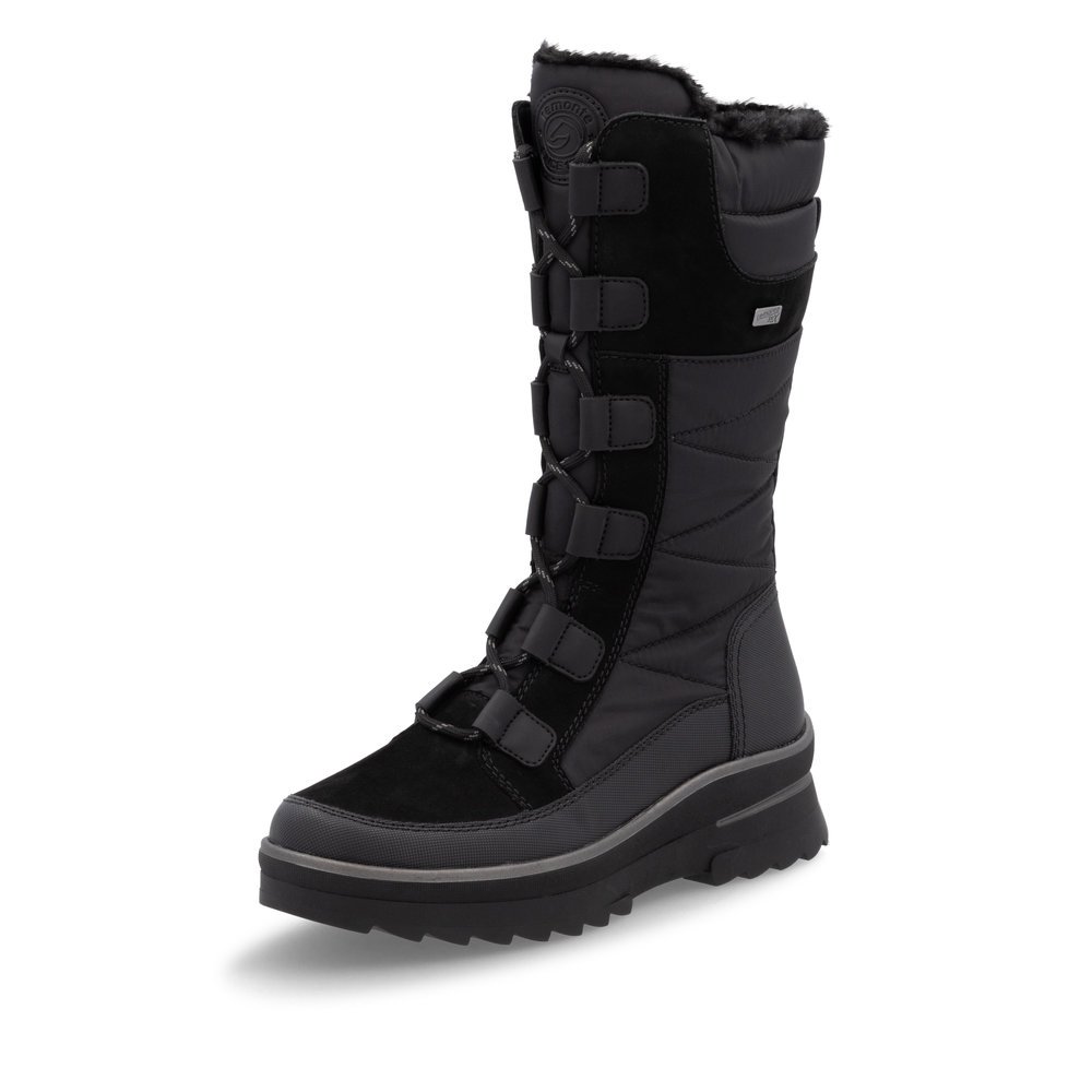 Schwarze remonte Hochschaftstiefel D2B71-02 mit griffiger Glass-Fibre Sohle. Schuh seitlich schräg.