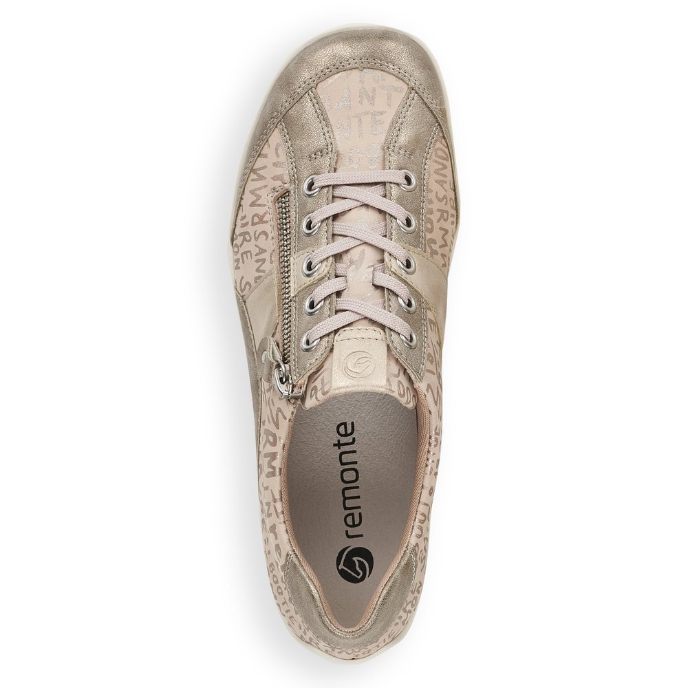 Beige remonte women´s lace-up shoes R3403-60 with a zipper and comfort width G. Shoe from the top.
