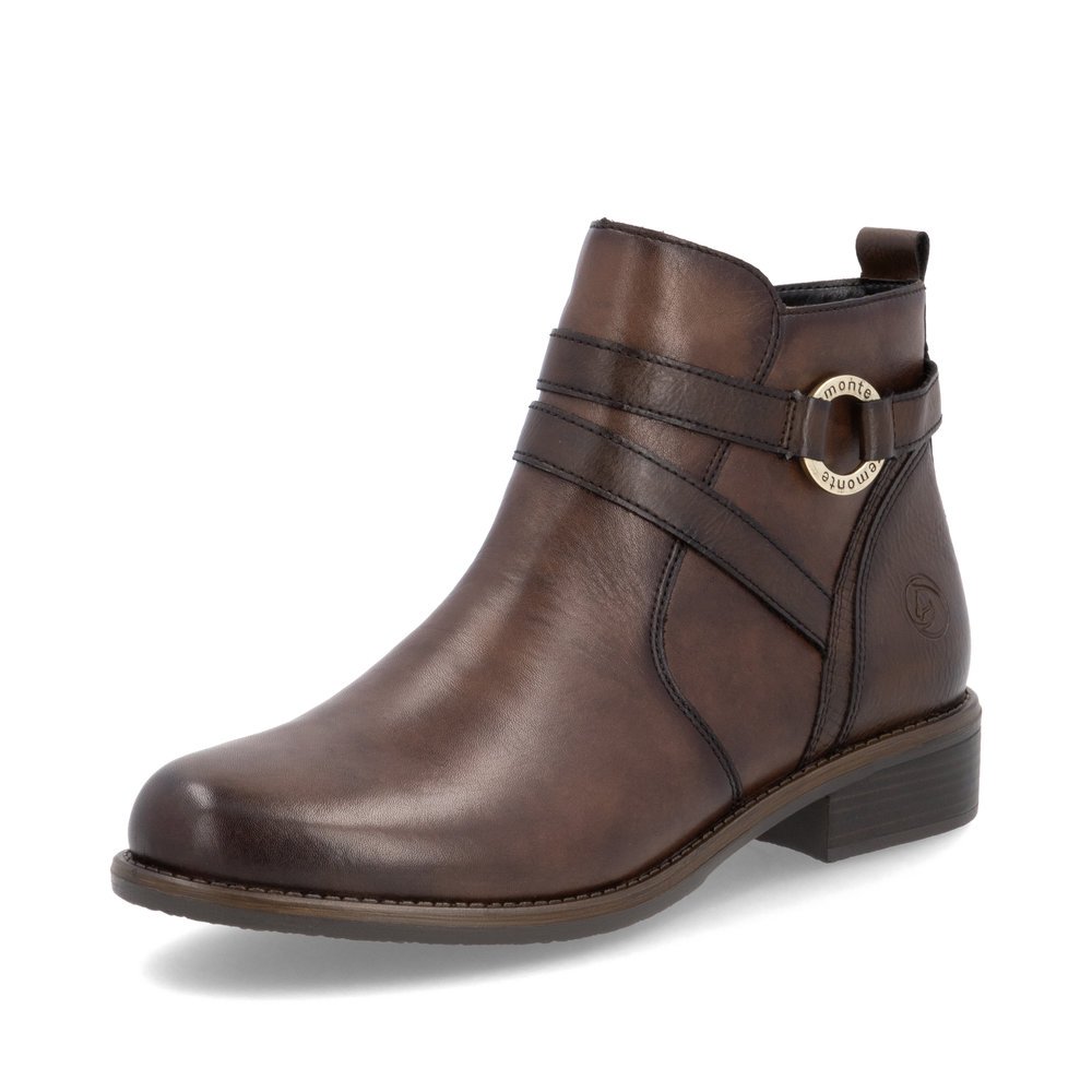 Espressobraune remonte Damen Stiefeletten D0F77-25 mit Schmuck-Element. Schuh seitlich schräg.