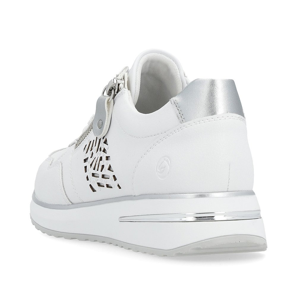 White remonte women´s sneakers D1G00-80 with zipper and cut-outs on the side. Shoe from the back.