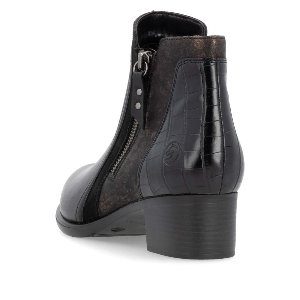 Bottines remonte noires pour femme R5172-04 avec fermeture éclair. Chaussure vue de l'arrière.