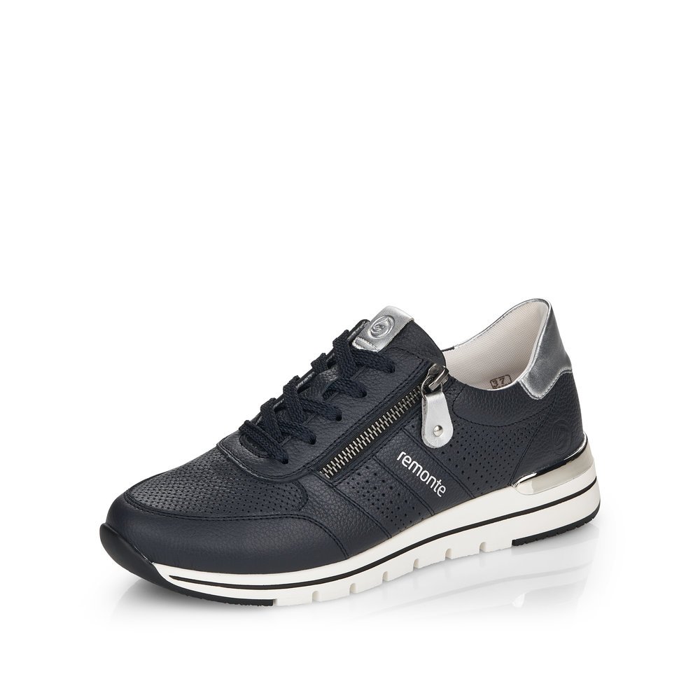 Dark blue remonte women´s sneakers R6705-14 with zipper and comfort width G. Shoe laterally.